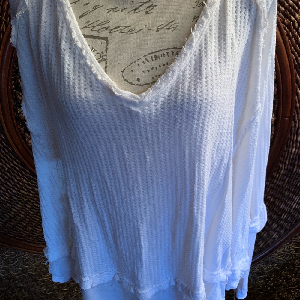 We the Free people small white oversized waffle knit thermal raw edges neck